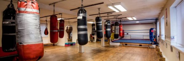 Open plan gym with a boxing ring and several varieties of punch bags hanging from the ceiling. The room looks tidy. No People